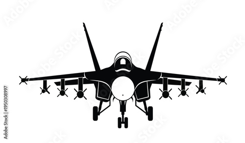 Front view silhouette of a modern multirole fighter jet aircraft equipped with various missiles