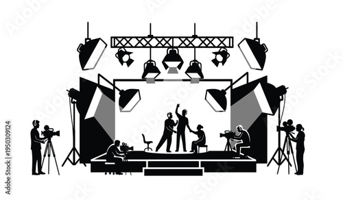 Black and white illustration of a professional film studio production set with crew and equipment