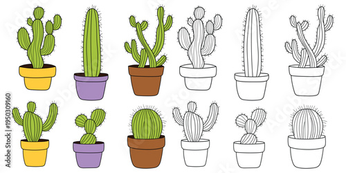 Hand-drawn cartoon and doodle set of cactuses in pots on a white background.