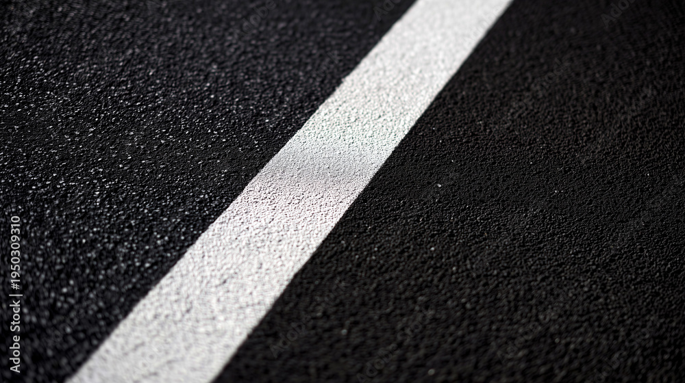 Fototapeta premium Extreme closeup rough dark asphalt texture fresh white road marking diagonal, new pavement surface detail, granular material construction infrastructure.