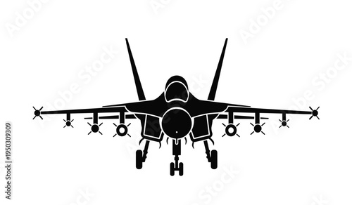 Front view black silhouette of a modern fighter jet aircraft equipped with various weapon systems