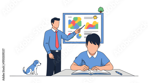 Mastering Knowledge: An instructor guiding a student's learning, while a friendly dog accompanies in a bright setting.