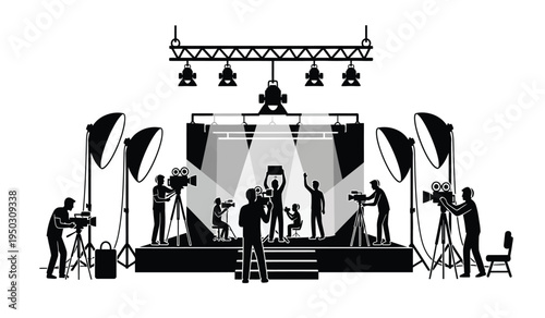 A film production crew working on a professional stage set with cameras and lighting equipment
