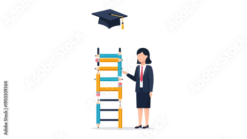 Education Ladder: An illustrated professional, representing the pursuit of knowledge and higher education. A conceptual image that embodies ambition, learning, and progress.