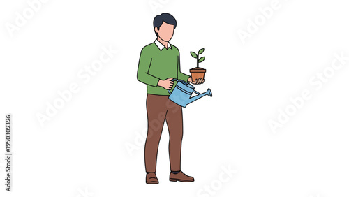 Nurturing Growth: An individual tendering to a potted plant, illustrating care and cultivation, promoting the value of environment
