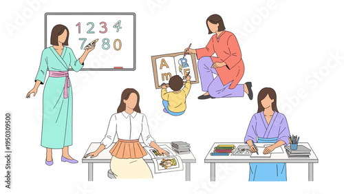 Nurturing Young Minds: A collage showcasing the heart of education, with educators engaging in various activities such as teaching numbers, guiding a child, and preparing materials.