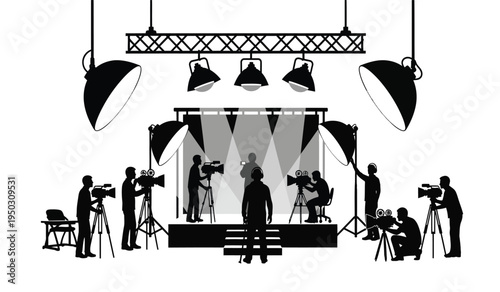 A professional film production set featuring crew members operating cameras and studio lighting