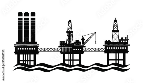 Black silhouette illustration of an offshore oil rig complex with drilling platforms and equipment