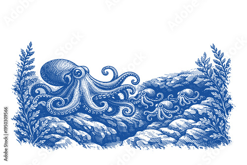 Octopus with Baby Octopuses Hiding in Rocks and Seaweed in Detailed Traditional Hand Drawn Vector Line Art and Engraving Style.