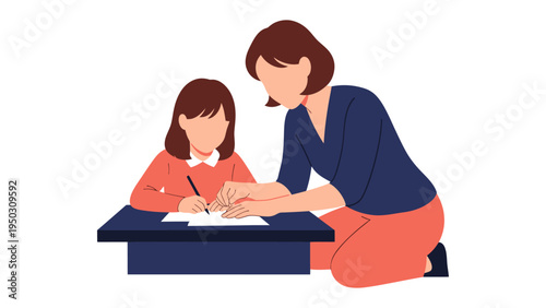 Learning and Guidance: A caring figure assists a child with her schoolwork, emphasizing the value of education and guidance.