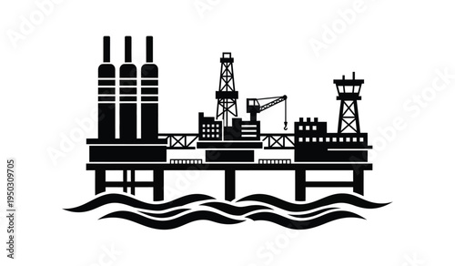 A black silhouette illustration of an offshore oil rig platform situated on top of ocean waves