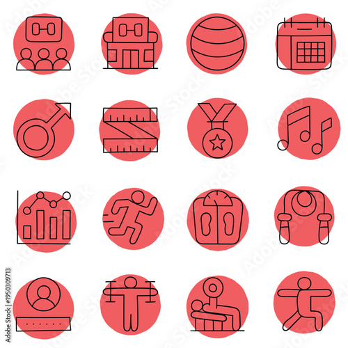 Hand-drawn cartoon set of workout app icons on a white background.