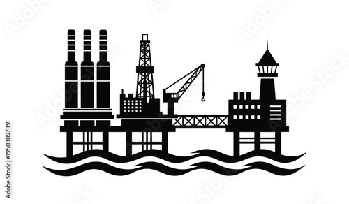 Black silhouette icon of an offshore oil drilling rig platform situated above rolling ocean waves
