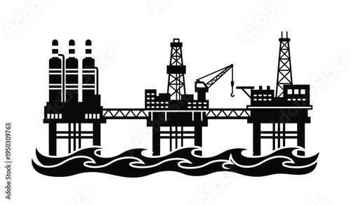 Black silhouette illustration of an offshore oil rig complex located on the turbulent ocean waves