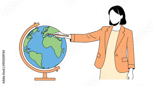 Guiding with the Globe: A teacher, arm extended, her finger tracing a specific point on the earth's detailed surface, leading to an enriching session of geographic learning. 