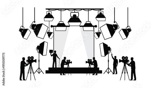 Professional film production crew working on a stage set with bright studio lighting equipment