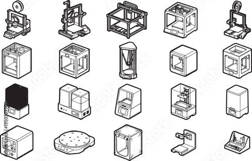 Detailed isometric illustrations of various 3D printers, perfect for showcasing technology and innovation.
