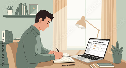 Young man diligently studying or working remotely from home at his modern desk, writing in a notebook beside a laptop graphic illustration.