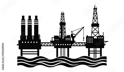 Black silhouette illustration of a large offshore oil rig platform complex on wavy ocean water