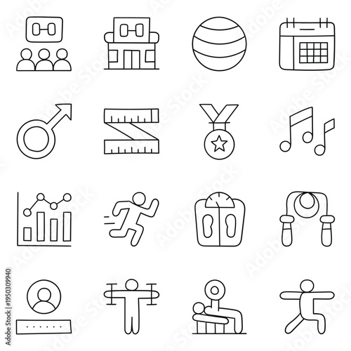Hand-drawn doodle set of workout app icons on a white background.