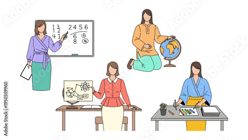 Diverse Teacher in Learning Environment: Illustrative depiction showcasing the versatility and engagement of a teacher across multiple educational facets.