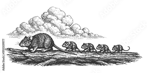 Family of Mice Walking on a Log with Clouds Background in Detailed Black and White Hand Drawn Vector Line Art Engraving Style.