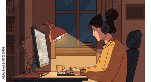 A diligent young woman with headphones on, deeply focused while coding or studying late into the night at her illuminated desk in a cozy room.