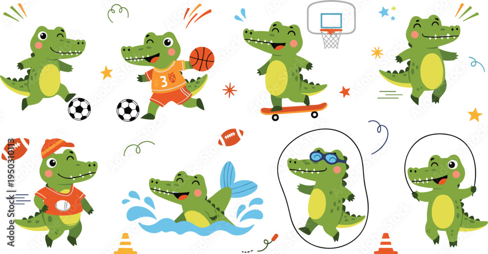 Obraz premium Cute cartoon crocodile playing sports set with basketball, football, swimming, skateboarding and jumping rope playful vector illustration collection