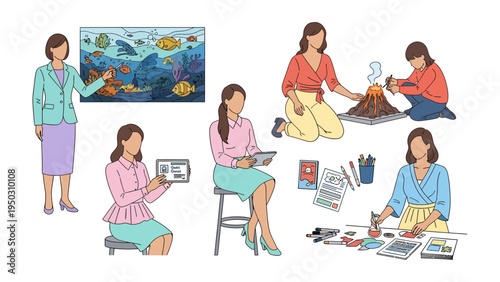 Educational Pursuits: A collection of illustrations showcases a woman engaged in various educational activities, from presenting marine life to conducting experiments and creative work.
