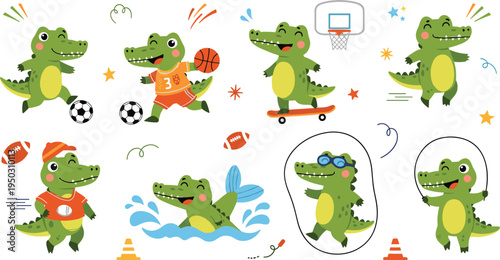 Cute cartoon crocodile playing sports set with basketball, football, swimming, skateboarding and jumping rope playful vector illustration collection