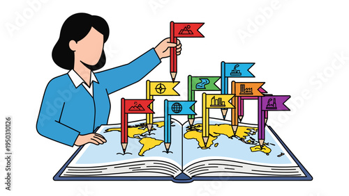 Mapping the World: A professional, carefully places symbolic flags onto a comprehensive world map. This image highlights the planning and strategy and the essence of global interconnectedness.