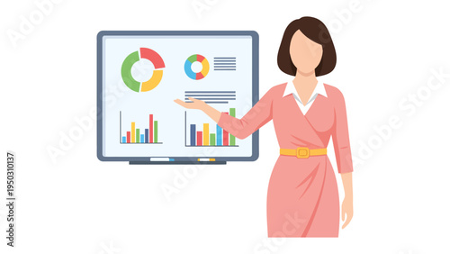 Data Visualization Presentation: A professional woman stands before a data display, giving presentation about business graphs and charts.