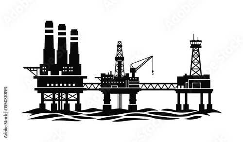 Black silhouette of an offshore oil rig platform complex situated over stylized ocean sea waves