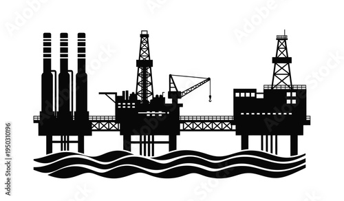 Black silhouette of an offshore oil drilling rig platform situated on top of stylized ocean waves