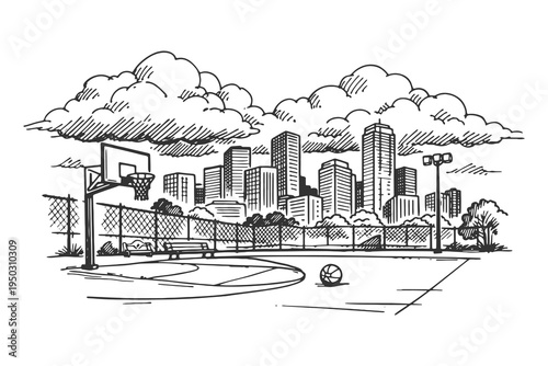 Urban Basketball Court Scene with City Skyscrapers and Clouds Background in Detailed Hand Drawn Vector Line Art and Engraving Style.