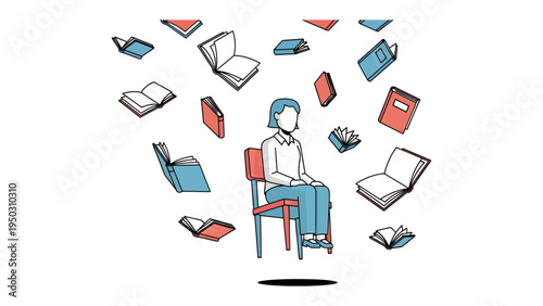 Literary Oasis: A solitary figure, lost in the world of books, surrounded by a captivating array of literary treasures. It's a whimsical tribute to the power of imagination and the joy of reading.