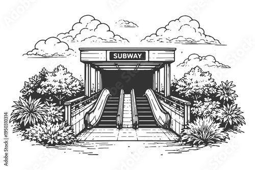 Modern Subway Entrance with Escalators and Surrounding Greenery in Detailed Hand Drawn Vector Line Art and Engraving Illustration.
