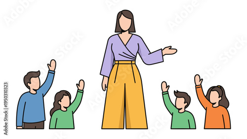 Education and Interaction: A teacher facilitates a learning environment, with students actively participating and raising their hands to engage in a discussion or activity.