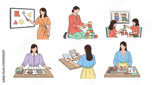 Interactive Learning: A compilation showcasing education moments, from a teacher presenting geometric shapes to collaborative building play and individual activities.