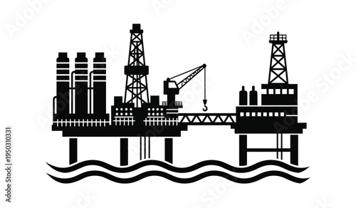 A detailed black silhouette icon representing an offshore oil drilling rig platform on the ocean