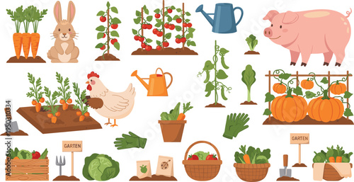 Farm garden elements collection with vegetables, pumpkin patch, pig, chicken, watering can and plants cartoon vector illustration set