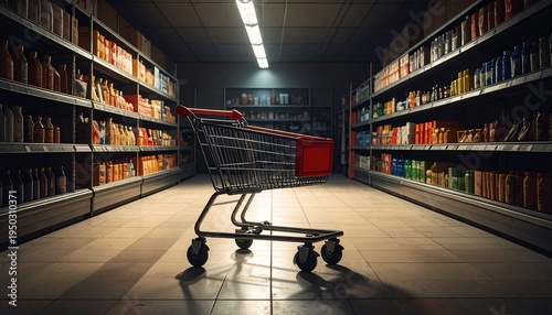 Abandoned shopping cart sits in empty store aisle surrounded by bookshelves