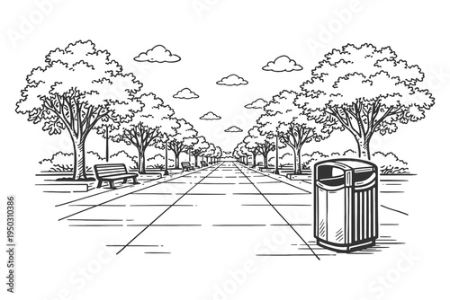 Serene City Park Path with Trees Benches and Trash Can in Detailed Black and White Hand Drawn Vector Line Art Illustration Style.