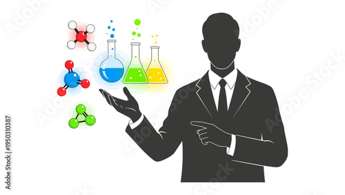 Silhouette of a Scientist in Laboratory: A distinguished scientist gestures toward a display of colorful chemical compounds and beakers, symbolizing innovation, and the spirit of scientific discovery.