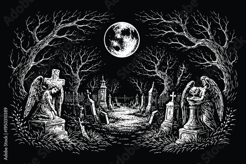 Eerie Cemetery Graveyard at Night with Full Moon Dead Trees and Angel Statues in Detailed Scratchboard Style Vector Illustration.