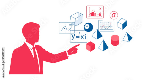 Educational Visualization: A silhouette of a figure, engaged in an educational presentation, pointing towards a diverse collection of mathematical symbols, geometric shapes, graphs.