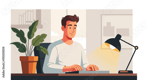 A diligent young man is focused on his work at a modern desk in a bright home office, embodying remote productivity and professional dedication.