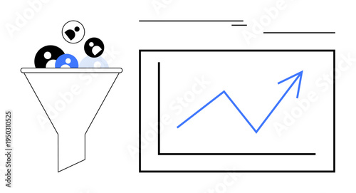 Funnel filtering user data into categories alongside a performance chart with an upward arrow. Ideal for marketing, analytics, growth, leads conversion, business strategy, data analysis, advertising