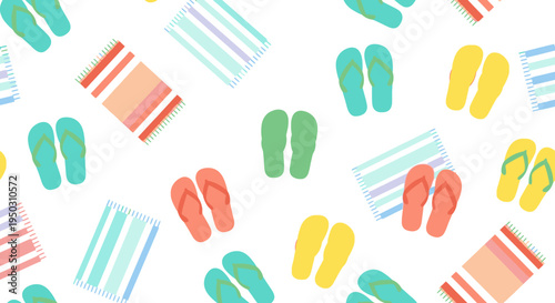 A vibrant seamless pattern featuring colorful flip-flops and striped beach towels scattered randomly on a white background, perfect for summer designs.