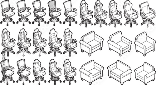 Selection of office chairs, each presented in a crisp, clean outline, ready for design integration, highlighting variety and functionality.